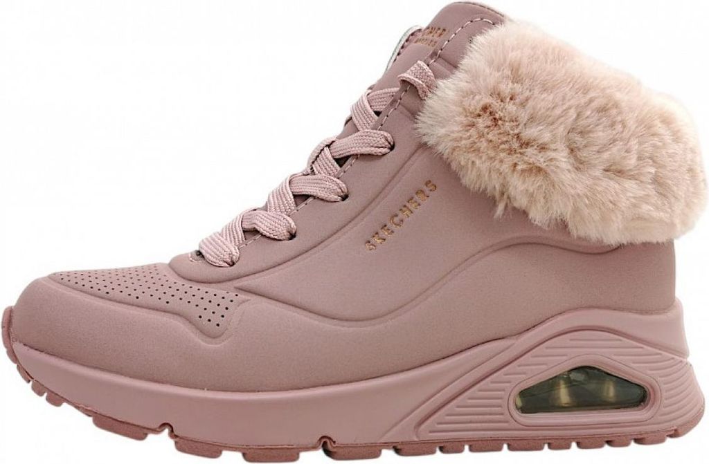 A side view of a pink Skechers sneaker with faux fur trim.