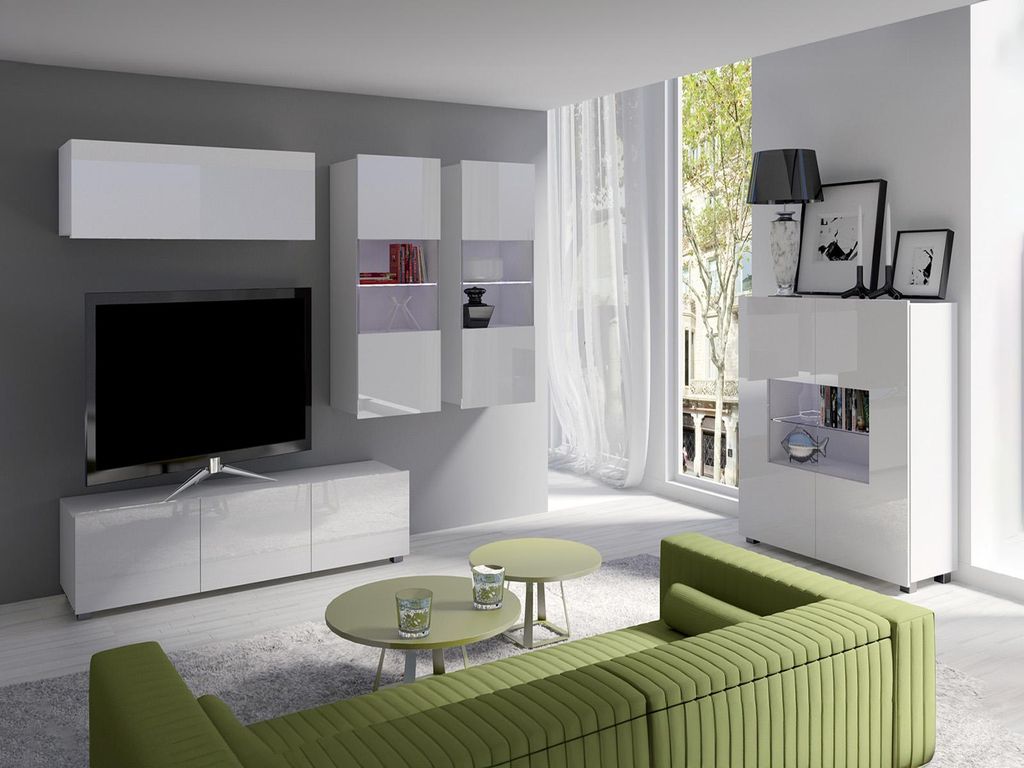 Wohnzimmer-Set CALABRINI-6 Wohnwand Hängewohnwand Schrankwand mit LED-Beleuchtung TV-Schrank Vitrine Kommode Moderne Anbauwand Hochglanz (Weiß)