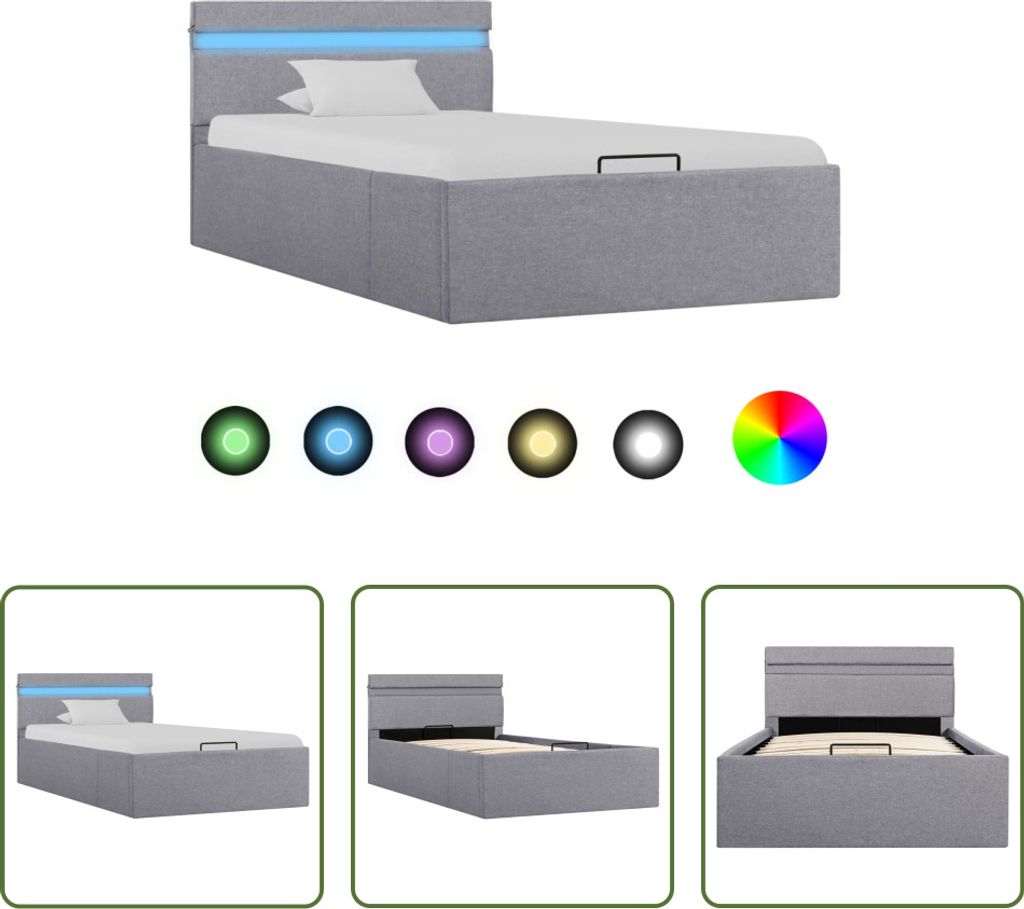 The Living Store Bett mit Bettkasten Hydraulisch LED Hellgrau Stoff 100x200 cm