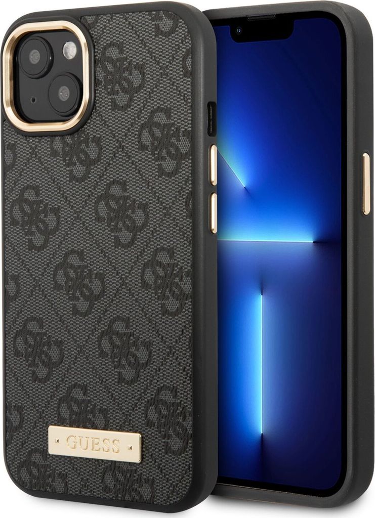 A close-up view of a black iPhone 14 Plus case with a repeating Guess logo pattern and a gold Guess logo plate. The phone screen is visible on the right.