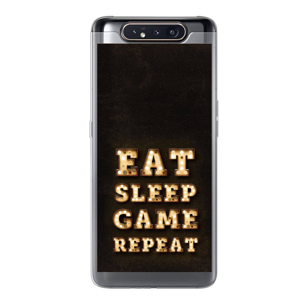 MuchoWow Handyhülle Schutzhülle Hülle für Samsung Galaxy A80 Spiele - Spiele - Zitate - Sprichwörter - Eat sleep game repeat Silikon Softcas...