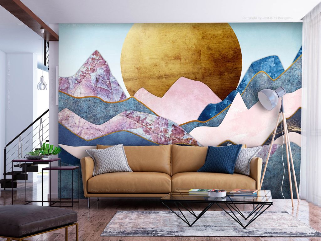 Vlies Fototapete Nordic Style 400x280 cm Tapeten Wandtapete XXL Abstrakt Marmoroptik Gebirge Mond a-A-10184-a-a
