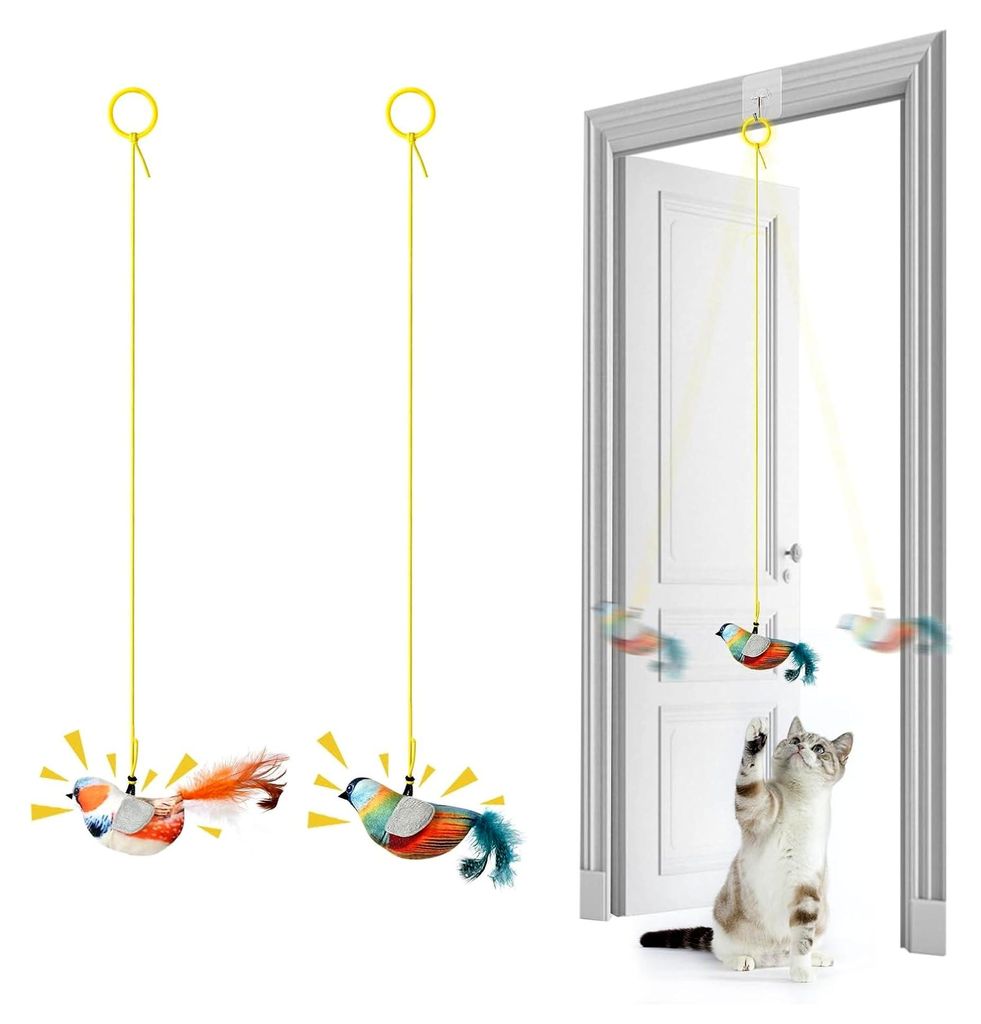 Interaktives Katzenspielzeug Vogel, 2 Stück Simulation Vogel mit Zwitschern und Katzenminze, Hängend für Katzen mit Elastischem Seil zum Trainie...