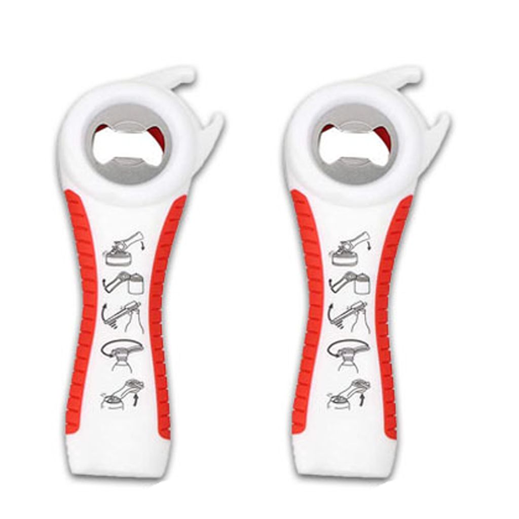 Two white and red multi-functional bottle openers are displayed against a white background.