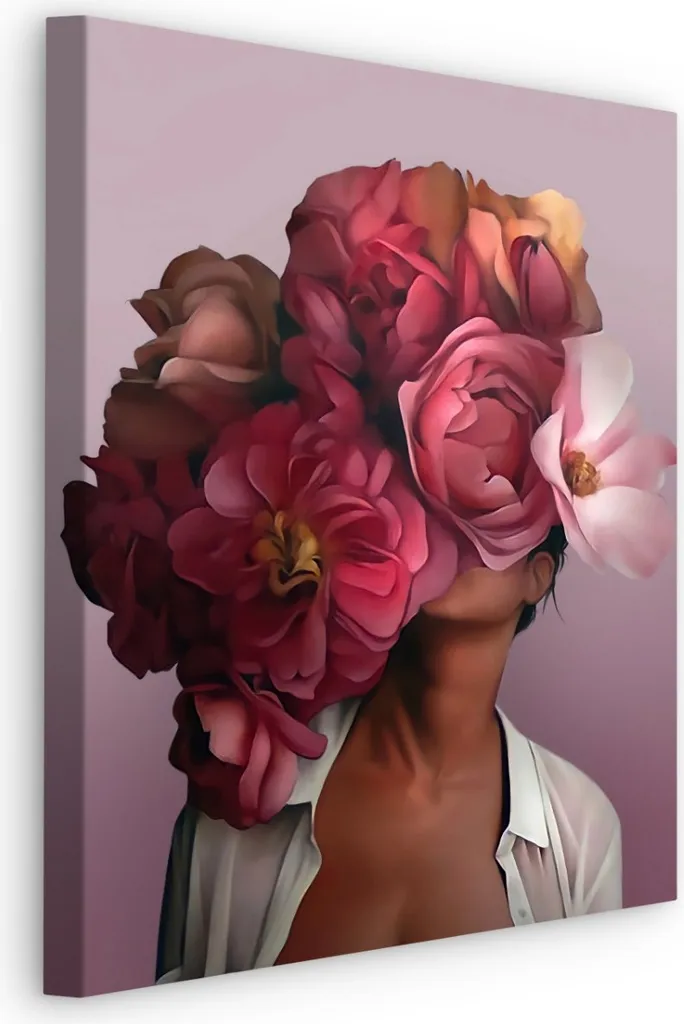 Quadro Grande 80x120 cm - Donna Astratta Fiori Rosa su Tela