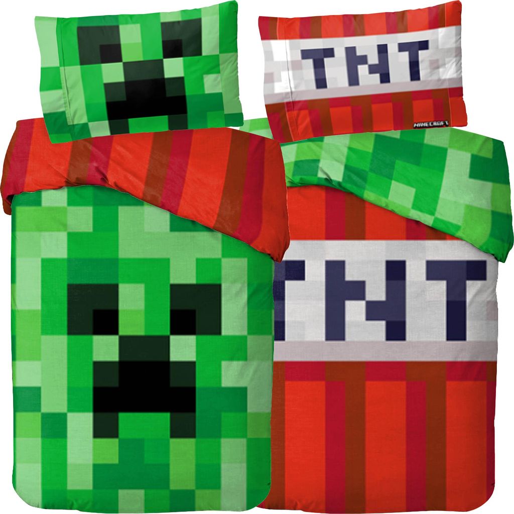 A collection of Minecraft-themed bedding, including a duvet cover and pillowcases, featuring Creeper and TNT designs.