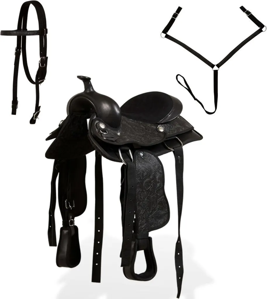 Selle western en cuir véritable 12" avec plastron et licol noir