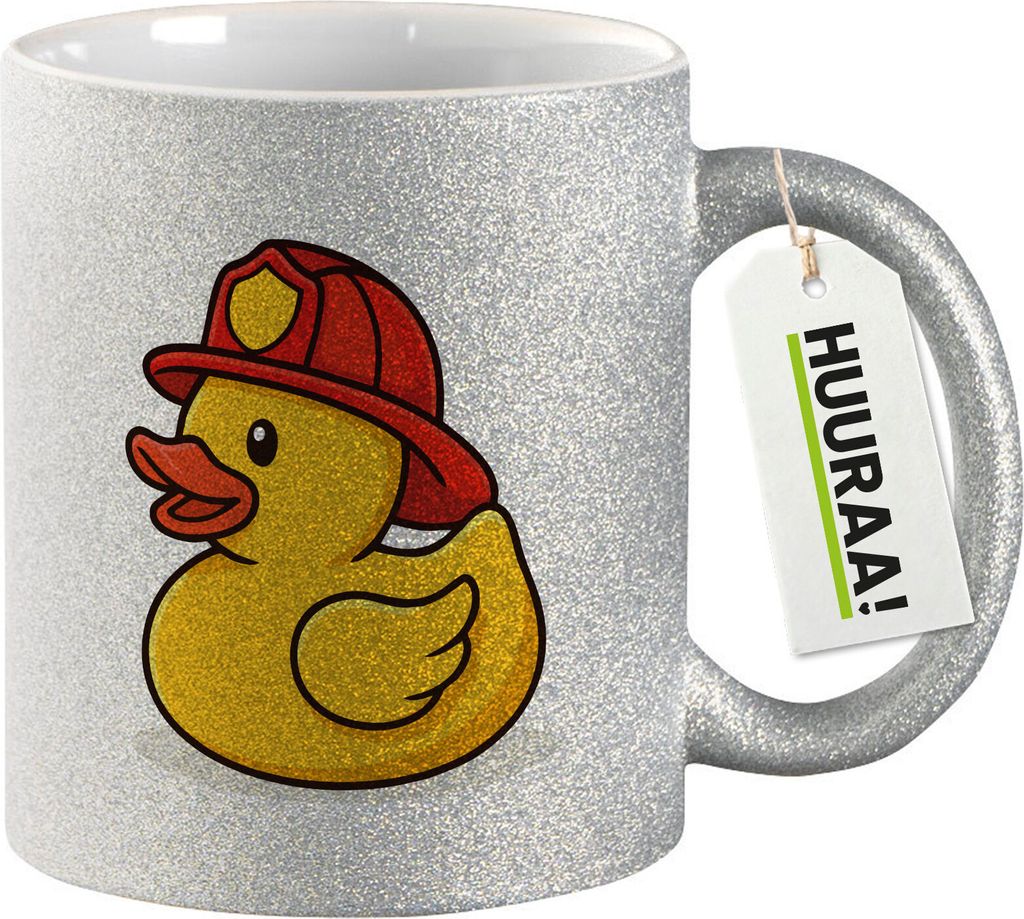 Huuraa Glitzertasse Quietscheente Feuerwehr Comic Gummiente 330ml Silber Keramik Kaffeebecher Geschenkidee
