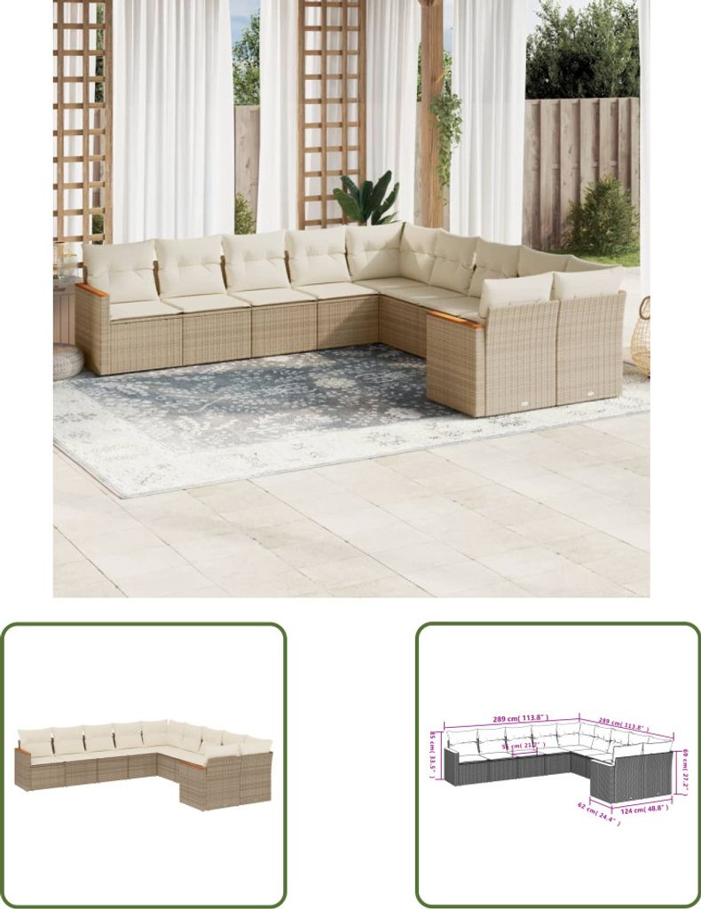 The Living Store 10-tlg. Garten-Sofagarnitur mit Kissen Beige Poly Rattan