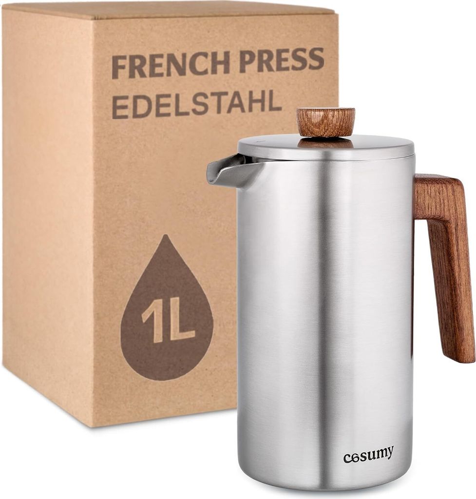 Cosumy French Press aus Edelstahl undHolz - 1 Liter - Doppelwandige Thermo Isolierung - Große Kaffebereiter mit 2 Ersatzfiltern