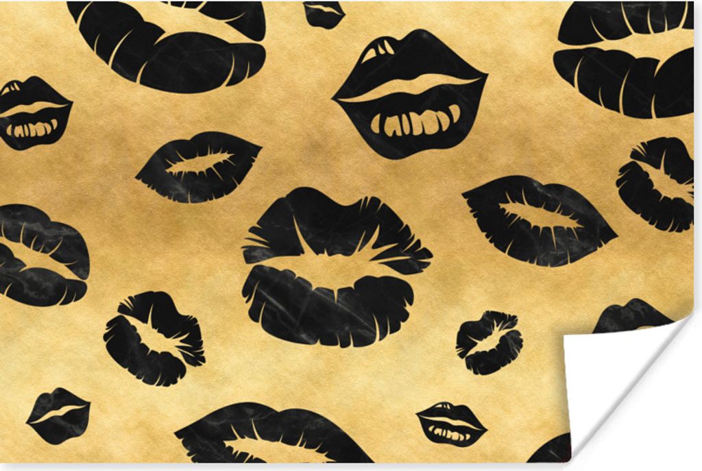 MuchoWow Poster Muster - Kuss - Gold - Schwarz 90x60 cm - Schlafzimmer