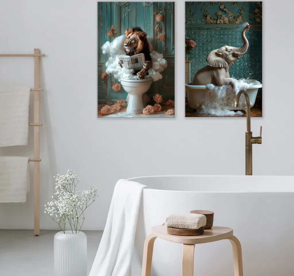 murando - Handart Set Mucca in Spa Stampa d'Arte 80x60cm 2 Pezzi ciascuno 40x60cm Collage 2er Pile con Gel Acrilico Rivestito Parete Arte Tela Immagini Decorazione - Divertente Decorazione per WC g-H-10138-b-a - 3
