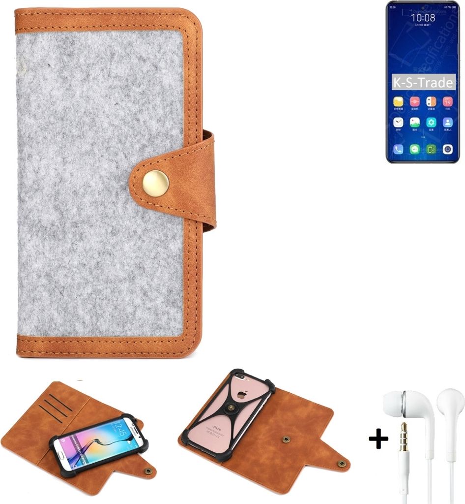 K-S-Trade Handyhülle + Kopfhörer kompatibel mit ZTE Axon 31 5G Schutzhülle Filz Hülle Kunstleder hellgrau braun (1x)