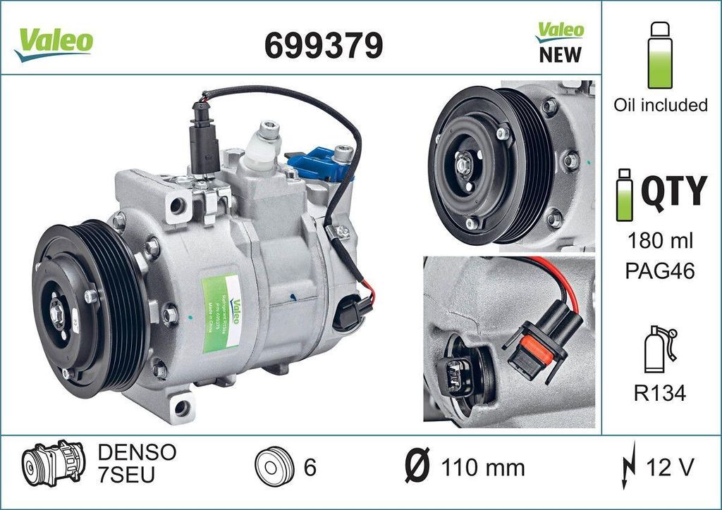 VALEO 699379 7SEU Klimaanlage Klimakompressor PAG 46 R134a für AUDI A4 Avant (8E5, B6) A4 Limousine (8D2, B5) A4 Avant (8D5, B5) A4 Limousine