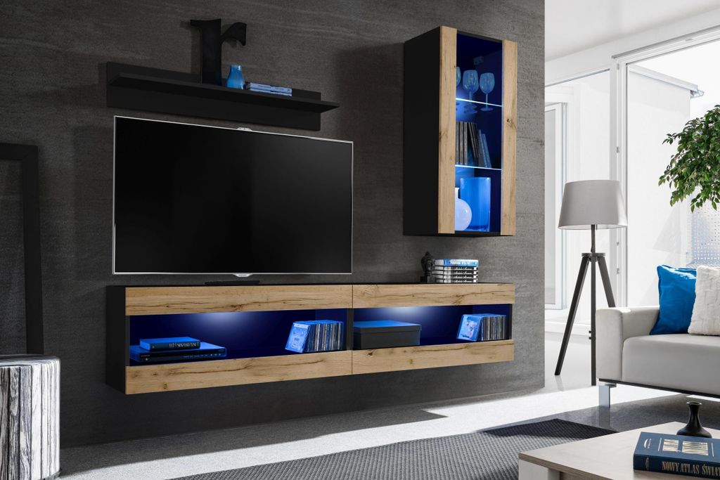 Komodee, Set, Möbel, Tivoli SET5, Schwarz/Wotan, Breite 200cm x Höhe 195cm x Tiefe 35cm, LED Blau, für Wohnzimmer, Schlafzimmer