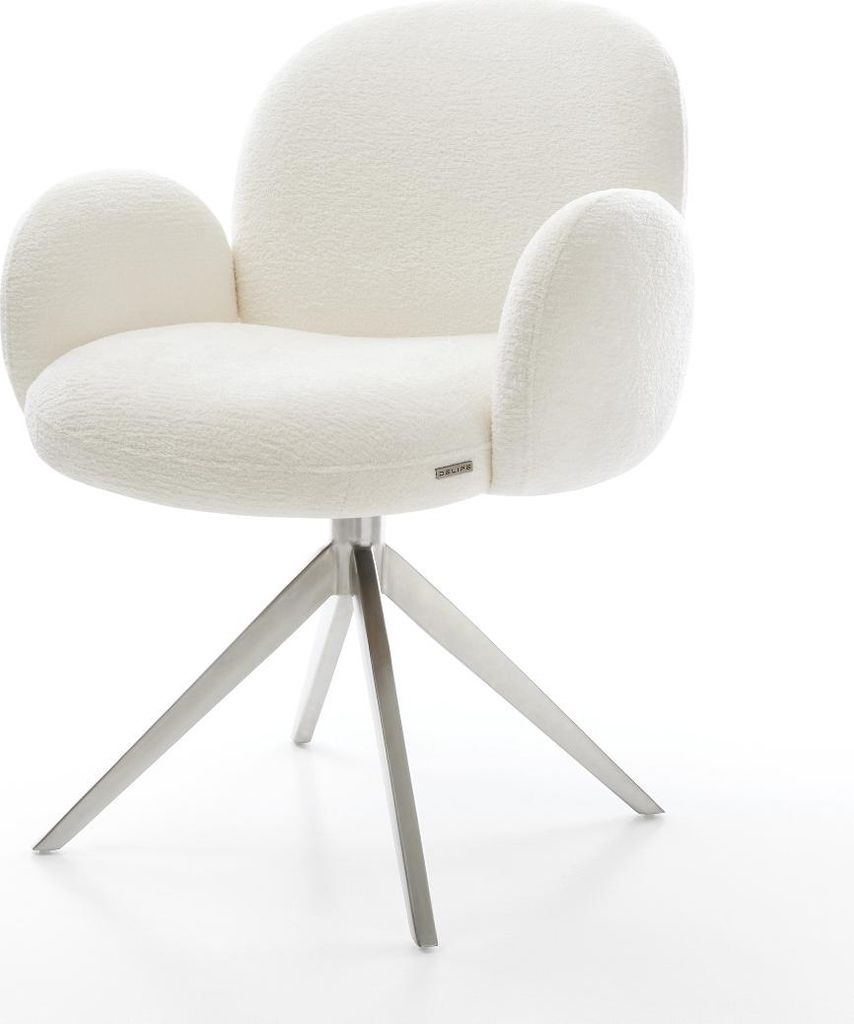 DELIFE Drehstuhl Nube-Flex mit Armlehnen Bouclé Soft Beige Kreuzgestell breit Edelstahl 360° drehbar Wippfunktion Taschenfederkern