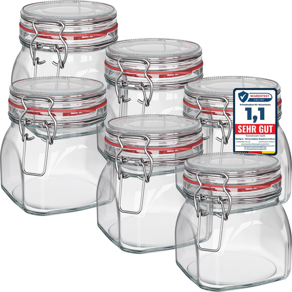WELLGRO Einmachgläser mit Bügelverschluss eckig 630ml - Produktbild 