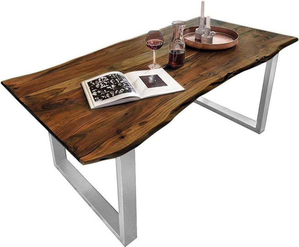 Esszimmertisch 240x100 cm Quinn, echte Baumkante, nussbaumfarben, massiver Esstisch aus Akazienholz, Metallbeine Silber, Baumkantentisch