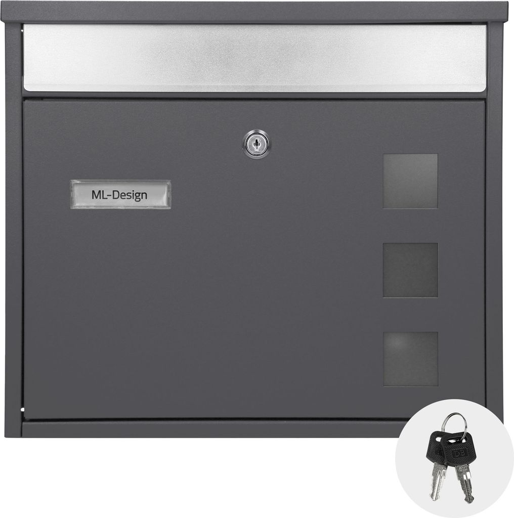 A front view of a gray mailbox with a silver top flap and three small square windows on the right side. A small label with 'ML-Design' is on the left side. Two keys are shown in a circular inset at the bottom right.