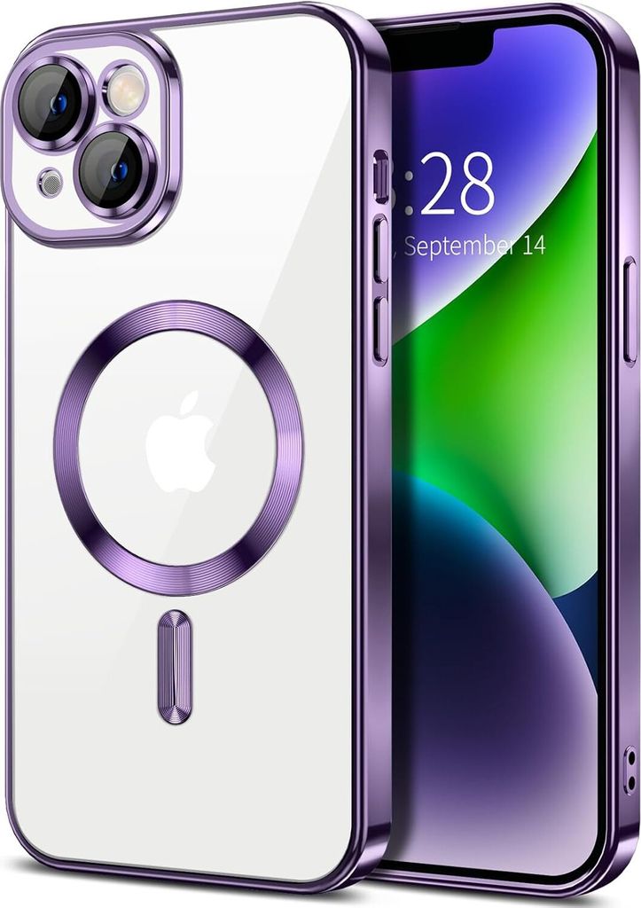 Magnetische Klar Hülle für iPhone 14, Kompatibel mit MagSafe, Elektroplattiert Handyhülle mit Kameraschutz Lila
