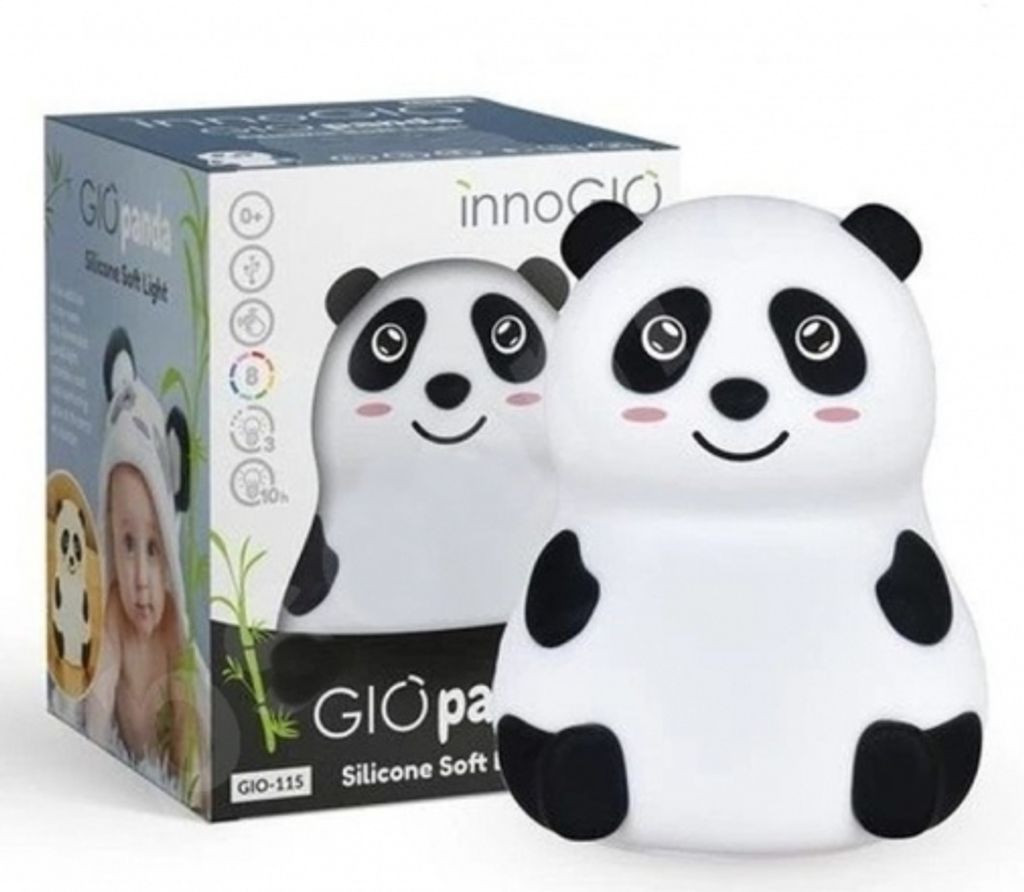 A product box for a silicone panda night light, with the product itself shown in front of the box.