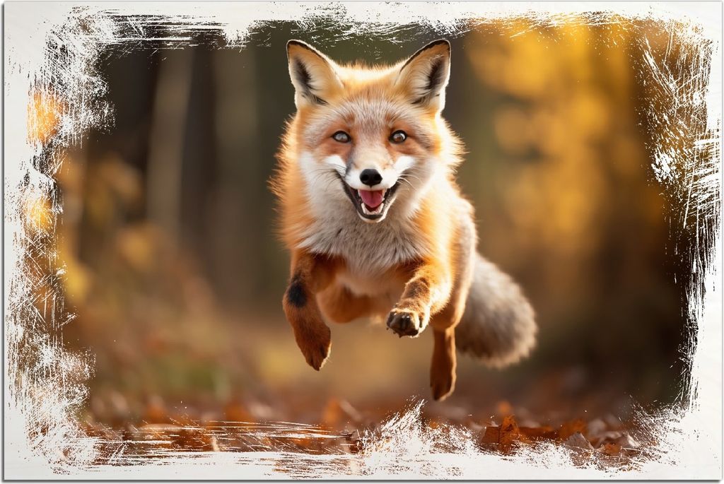 Kunstdrucke Wandbilder Holz in : Brillante Farben, Größe 60 x 90 cm Motiv Rennender Fuchs