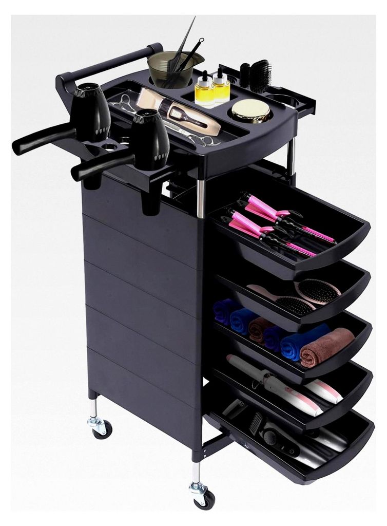 Friseurwagen mit Rollen, 5 Etagen, Salonwagen mit 5 Schubladen, 360° schwenkbar, 90 cm Bedienungswagen für Friseurbedarf, Schmuck und Kosmetika
