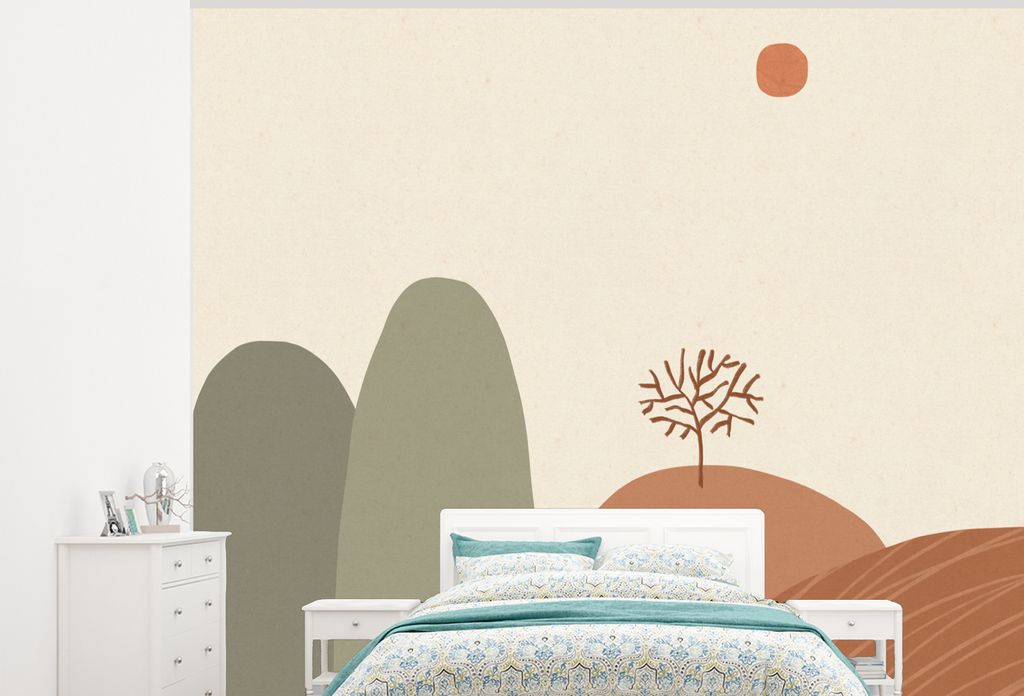 MuchoWow Fototapete für Wohnzimmer oder Schlafzimmer Wandtapete Vinyl Motivtapete Pastell - Berge - Landschaft - Abstrakt - 300x240 cm - Fototap...