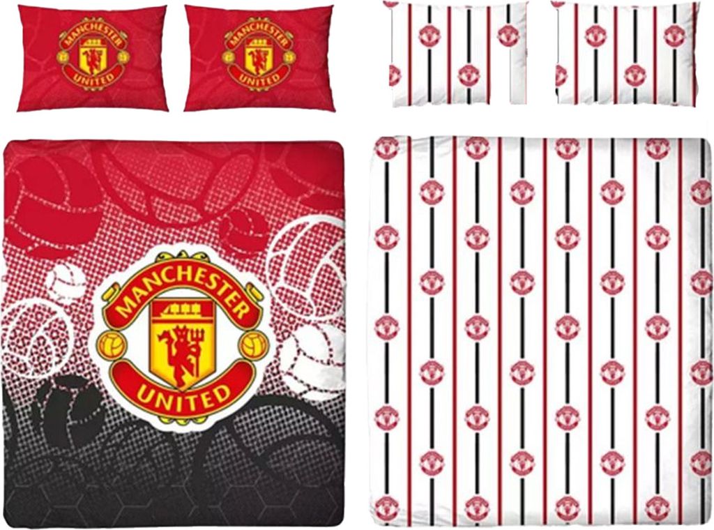 A collage of Manchester United FC bedding items, including pillowcases and a duvet cover, featuring the team's crest and patterns.