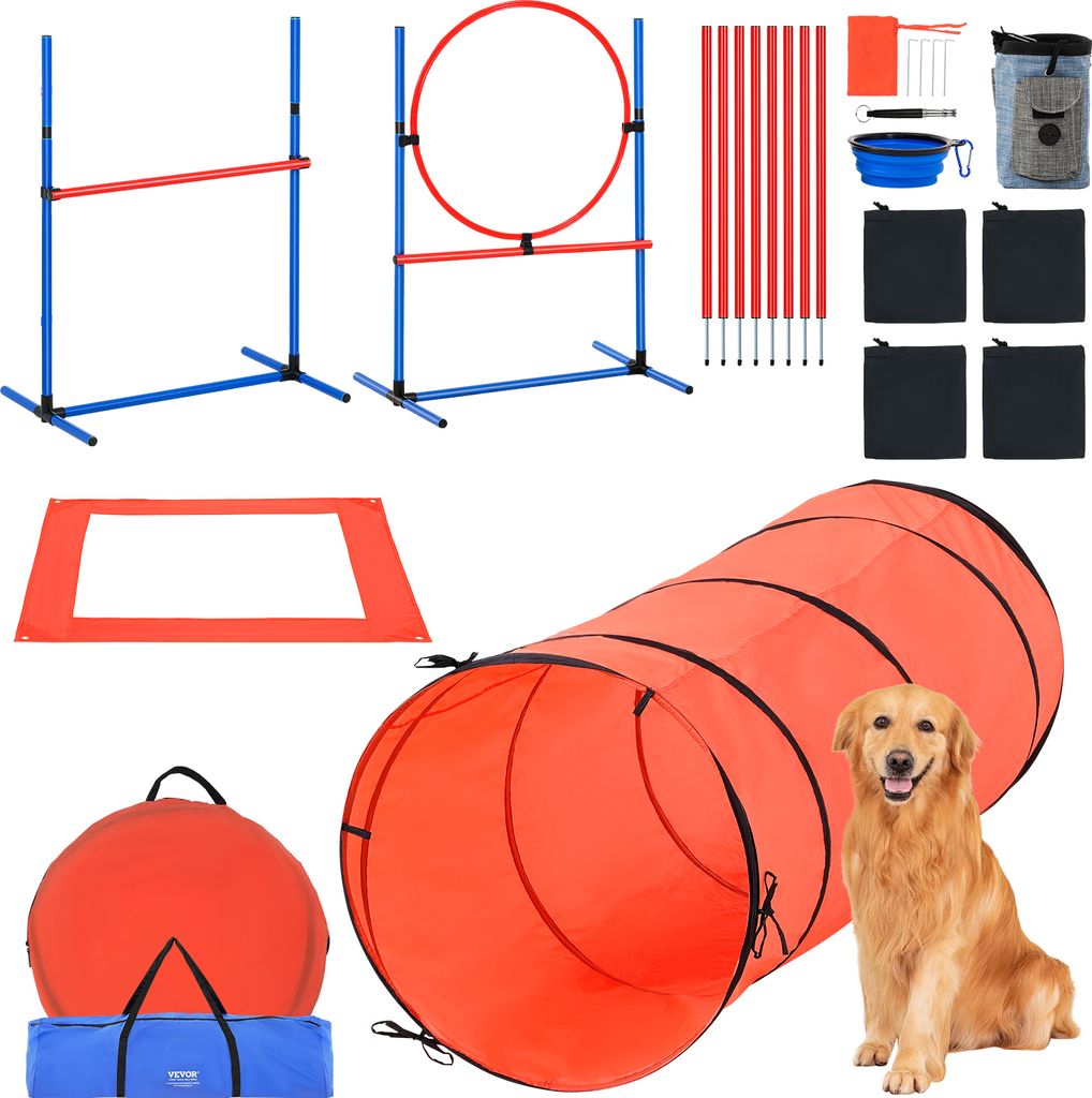 VEVOR Hunde-Agility-Trainingsausrüstung, 5-teiliges Kombinationsset mit verstellbaren hohen Hürden, 6 Slalomstangen, Tunnel, Sprungring, Pausenbo...