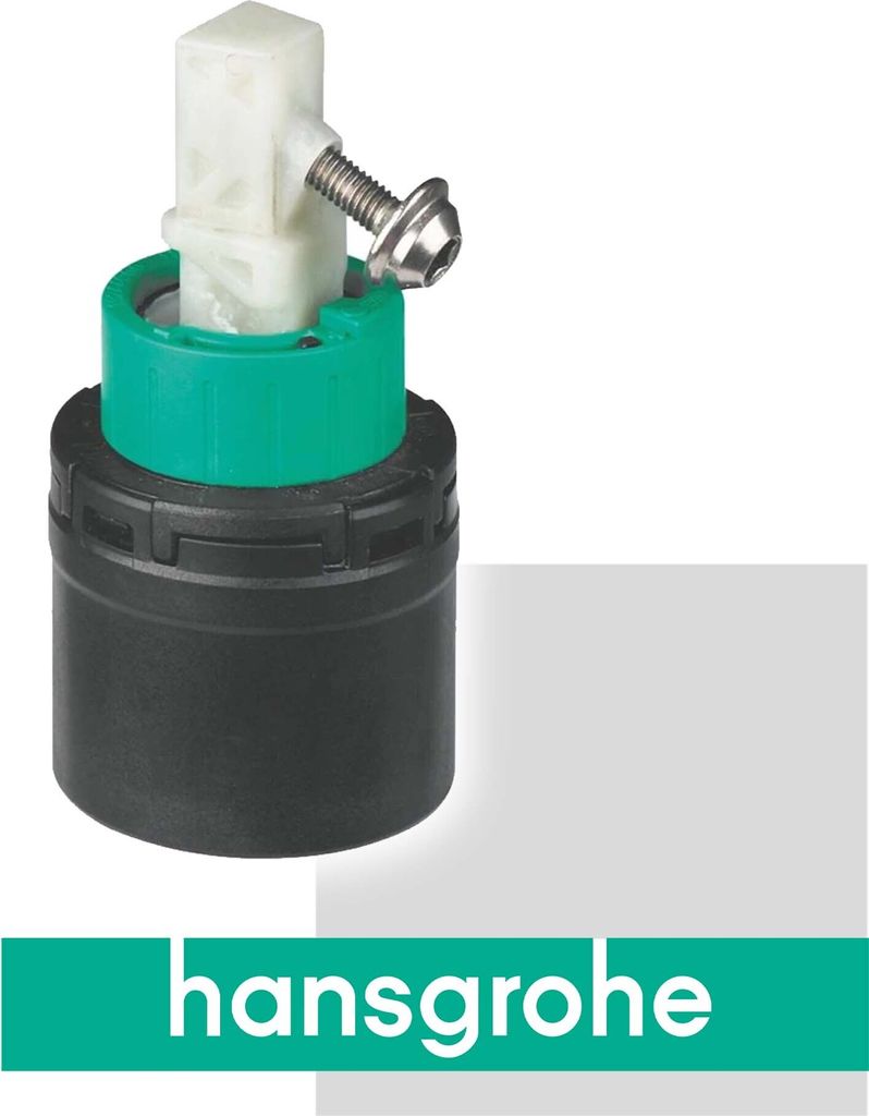 A close-up product shot of a faucet cartridge with the brand logo at the bottom.