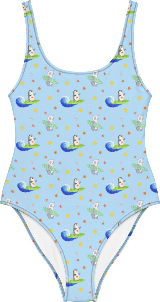 Mr. & Mrs. Panda Badeanzug Pinguin Surfer Größe XS - Blau - Geschenk, Schwimmanzug, Urlaub, Portugal, Swimsuit, Hawaii, Beachwear, Optimistisch, ...