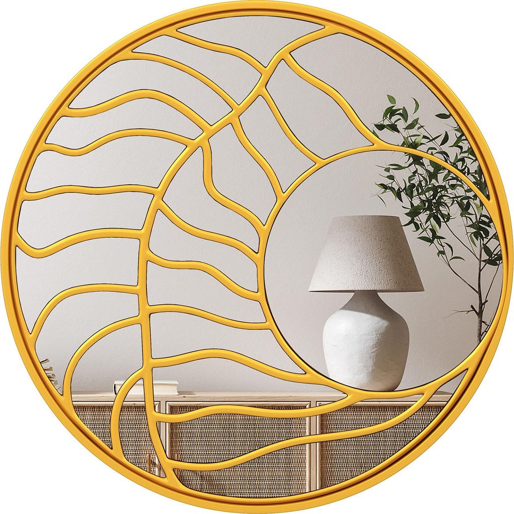 COSTWAY φ80cm Spiegel dekorativ, Wandspiegel mit goldenem Rahmmen, asymmetrischer Spiegel groß, Wanddeko rund für Wohnzimmer, Flur, Schlafzimmer