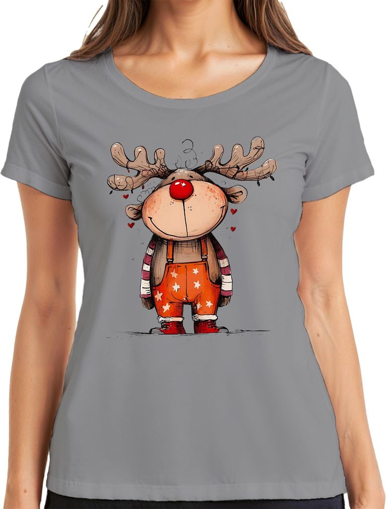 Niedliches Rentier mit roter Nase Rudolf Weihnachten Geschenk Damen T-Shirt, Grau, XL