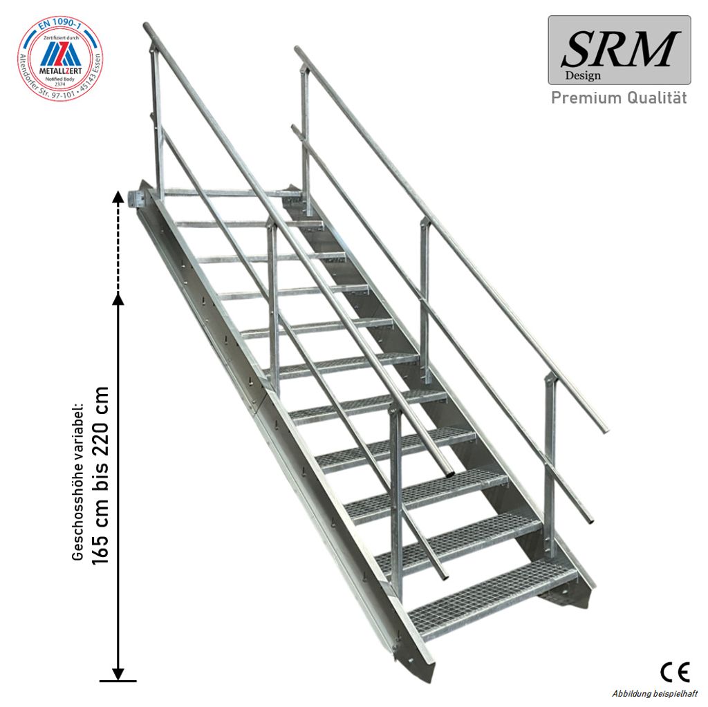11 Stufen Stahltreppe beidseitig. Geländer Breite 140cm Geschosshöhe 165-220cm