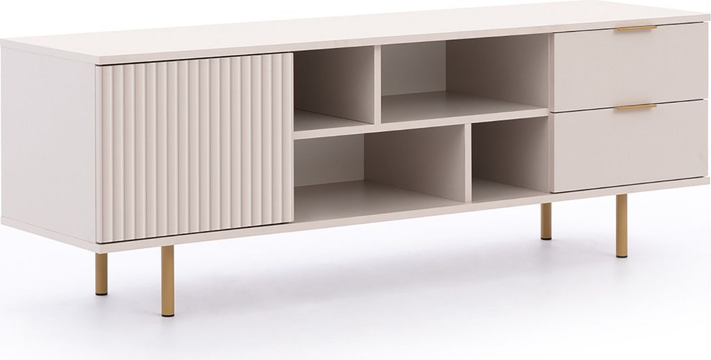 A modern TV stand with a fluted door, open shelves, and two drawers, shown against a white background.