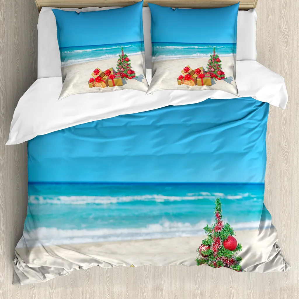 ABAKUHAUS Copripiumino natalizio, spiaggia mare estate tranquillità, antiacaro adatto a chi soffre di allergie con federe, 200 cm x 200 cm - 80 x 80 cm, multicolore