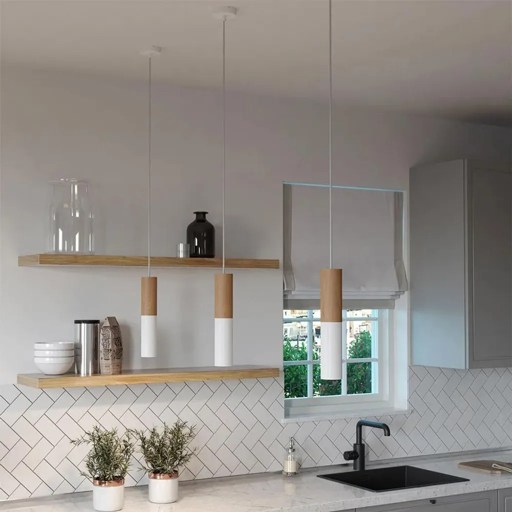 Suspension Luminaire Tub-E14 Bois et Or avec Câble Textile Créatif 1m