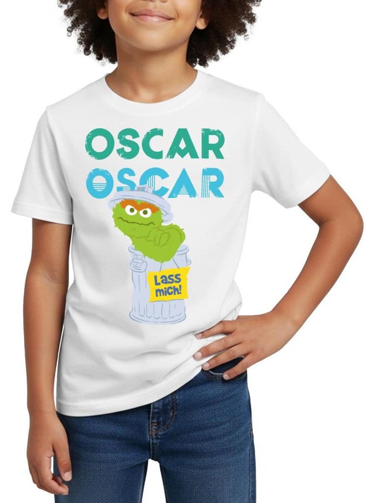 Spreadshirt Sesamstraße Oscar In der Tonne Lass Mich Kinder T-Shirt, 110/116 (5-6 Jahre), Weiß