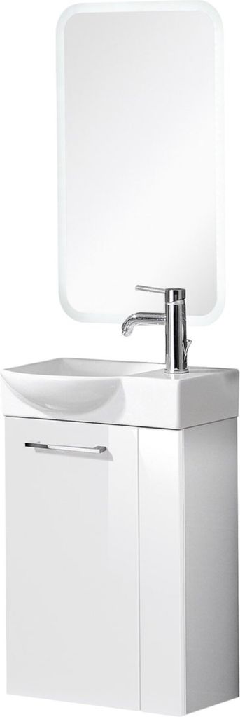 Fackelmann SBC SCENO Gäste WC Set 4-teilig 45 cm, Weiß, links, Keramik Hahnloch rechts inkl. LED-Spiegel und Armatur
