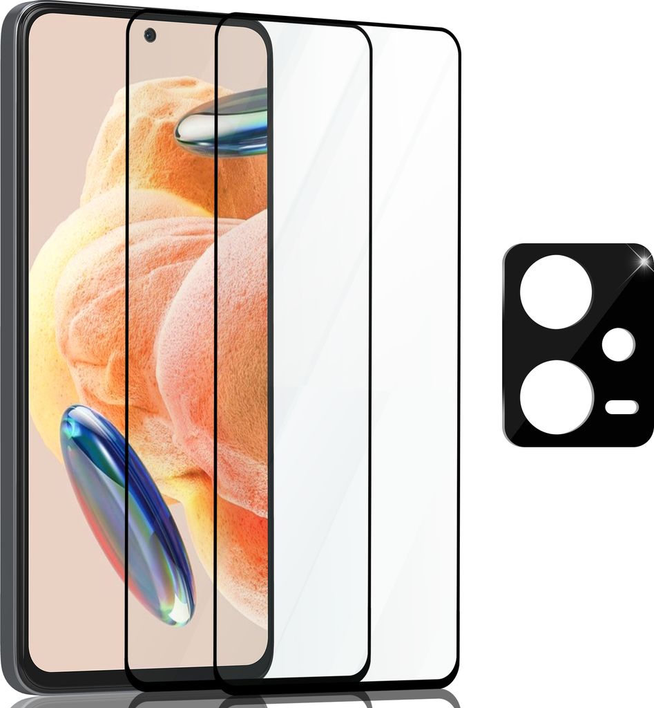 2-Pack Xiaomi Redmi Note 12 Displayschutzfolie und 1-Pack Linsenschutz – gehärtetes Glas 9H – Super-Qualität 3D
