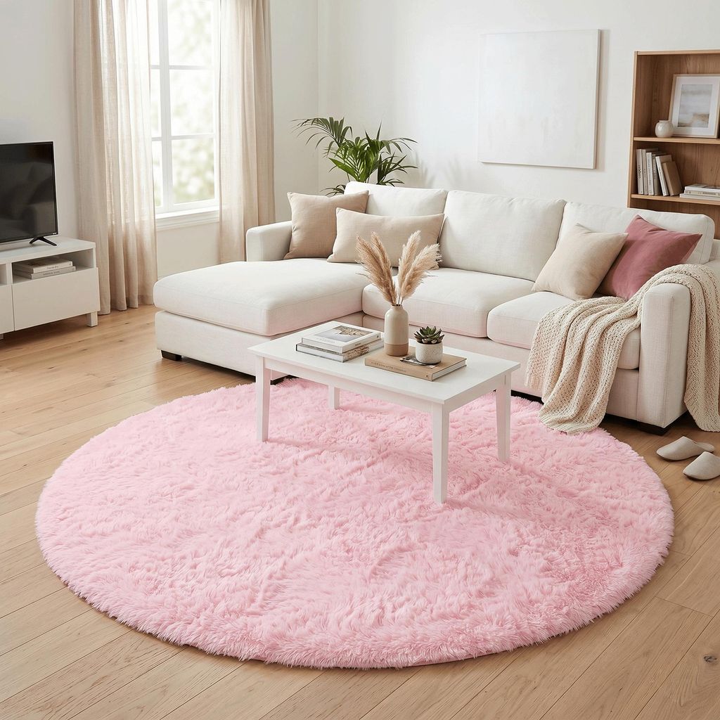 Fluffy Hochflor Shaggy Teppich Rosa Rund, Größe:120 cm Rund Produktbild 