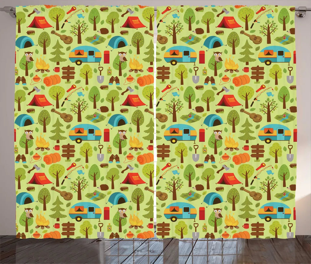 Rideau de Décoration Rustique Imprimé Camping Vert Clair 280 x 225 cm