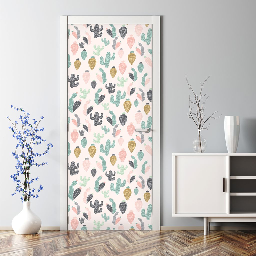 Dekorative Türtapete selbstklebend Klebefolie Türposter Türaufkleber Bunter Kaktus weiß 77 x 200 cm
