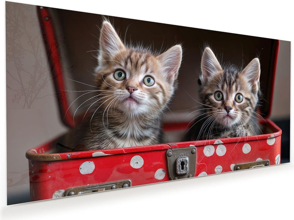 Glasbild 60x30cm in XXL für Wohnzimmer, Schlafzimmer Motiv Katzen im Koffer