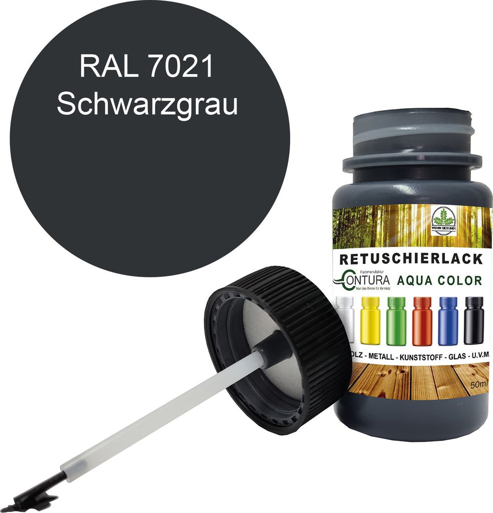 Reparaturlack Lackstift RAL Lack Pinselflasche 50ml. Farbe Holz Metall Möbel Auto Bad Retuschierlack - RAL 7021 Schwarzgrau