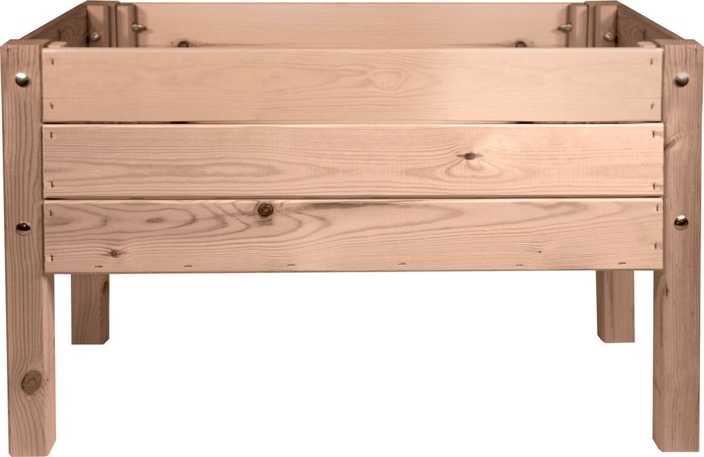 A wooden raised garden bed on a white background.