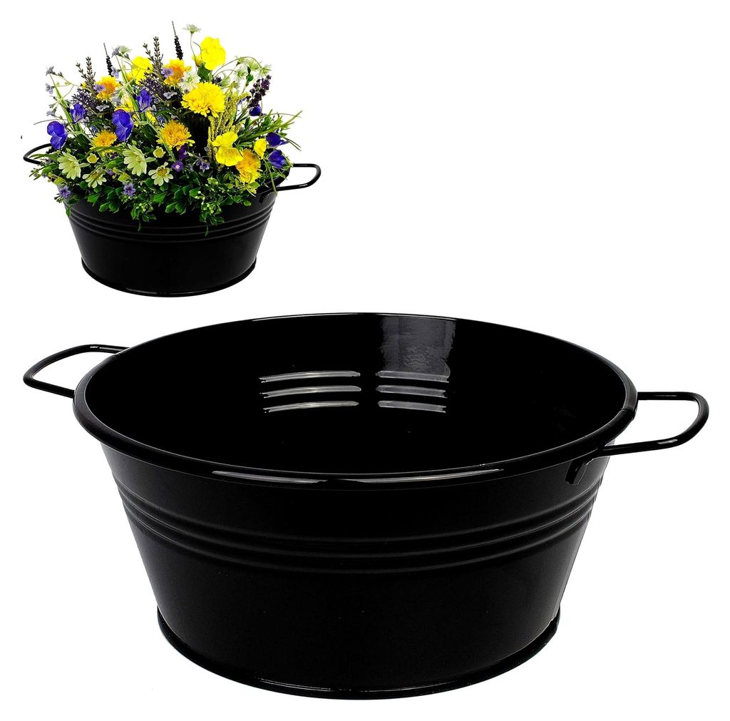 4 Stück Metall-Blumentöpfe/Pflanzkübel/Pflanzschalen - schwarz - 25 cm - rund - frostsicher - mittelgroß - mit Henkel