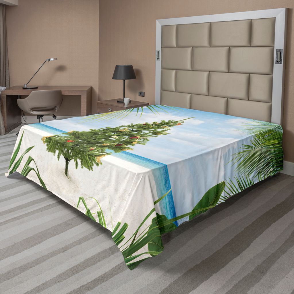 ABAKUHAUS Weihnachten Bettlaken, Baum mit Lametta und Verzierungen Tropical Island Sandy Beach Party Theme, weiches bequemes oberes Bettlaken für ...