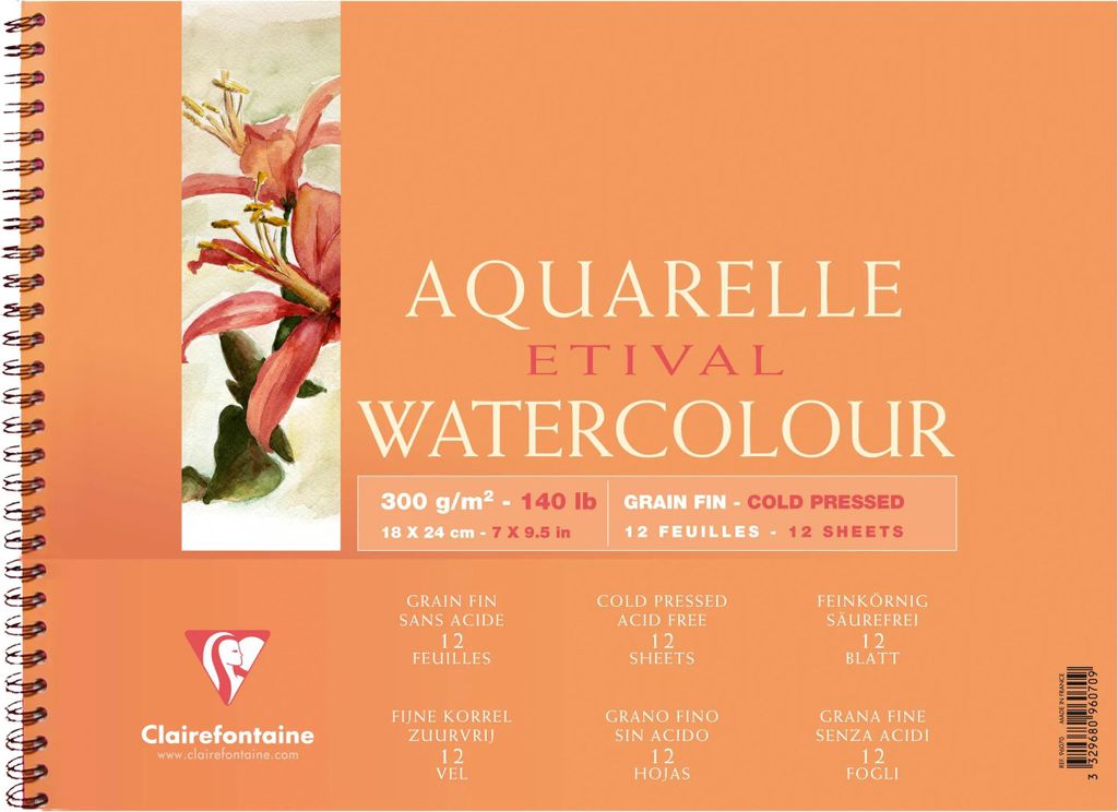 Clairefontaine 5x Etival Aquarellpapier Block, 12 Bl 300g, 18x24cm 96070C